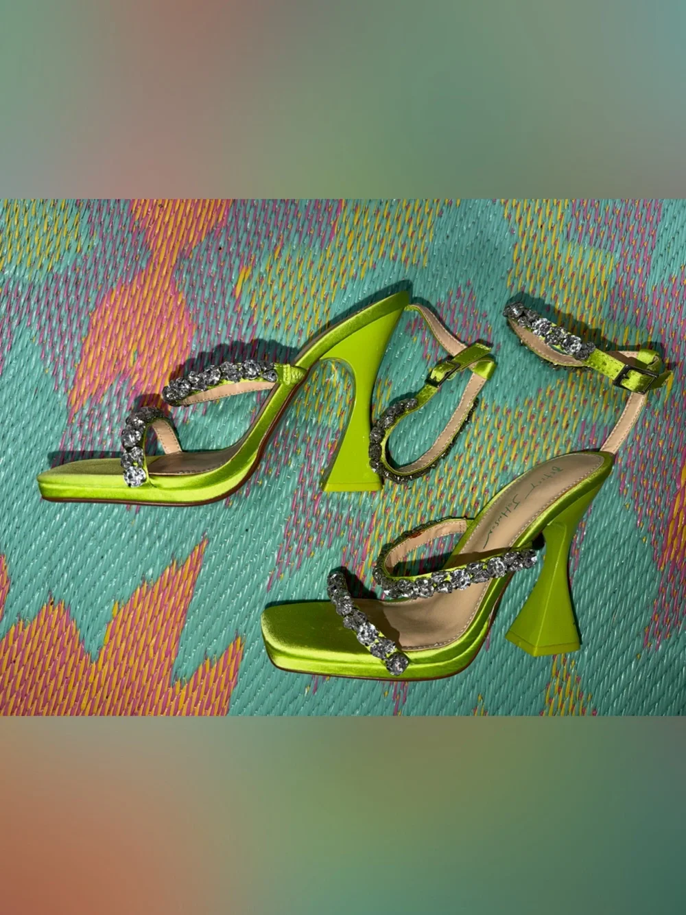 Betsey Johnson Neon Lime Satin Crystal-Strap Platform Heels